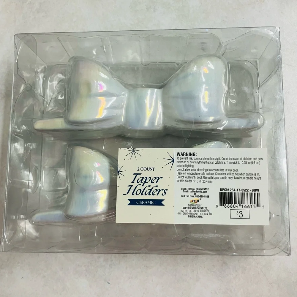 Target Bullseye Ceramic Iridescent Taper Bow-Shaped Candle Holders NEW